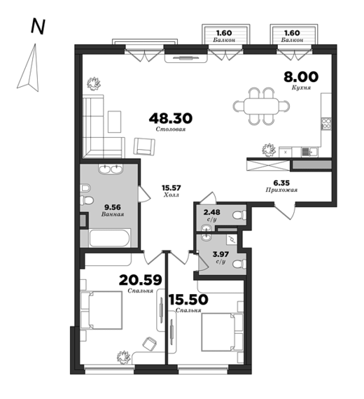 Приоритет, Корпус 1, 2 спальни, 130.48 м² | планировка элитных квартир Санкт-Петербурга | М16